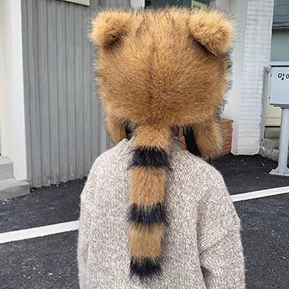 Winter Thickening Lei Feng Hat Season Thickened Cute Raccoon Tail Plush Cap Women Winter Windproof Thick Warm Ears Flaps Hat